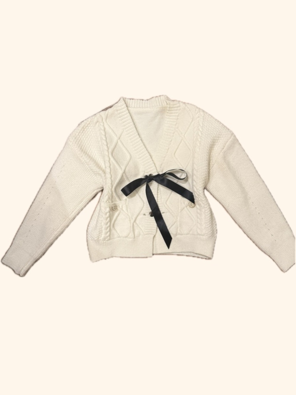 Cream Cable-Knit Cardigan with Black Ribbon